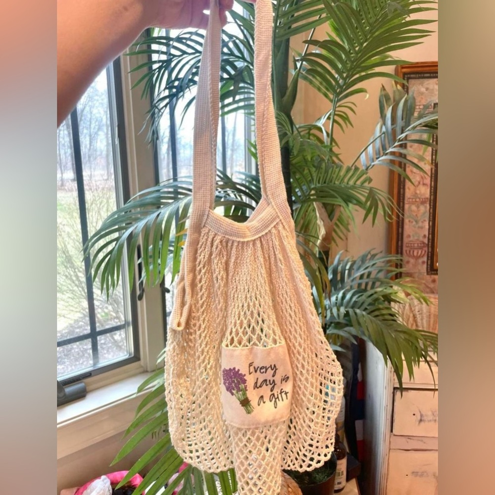 Cream Crochet Market Shoulder Bag with Lavender Patch 22” tall 16”wide flat